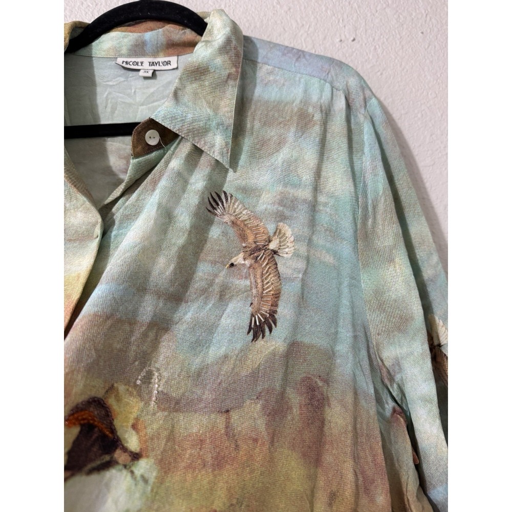 Vintage 90s Nicole Taylor 3X Plus Art to Wear Silk Beaded Cowboy Western Blouse - Picture 5 of 13